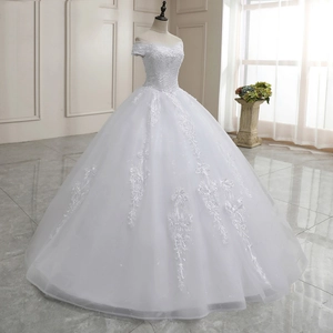 Elegant off-shoulder white wedding dress with lace floral embroidery and ball gown silhouette