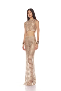 Detailed view of champagne floral lace hollow-out mesh on a two-piece mermaid dress set