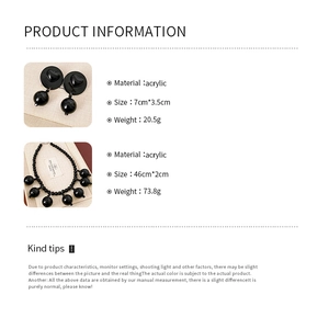 Product specifications for black acrylic beaded tassel earrings and necklace jewelry set