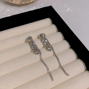 Elegant silver tassel drop earrings with sparkling rhinestones on a jewelry display