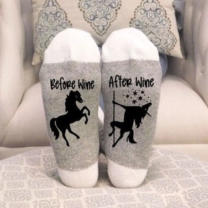 Funny Before After Wine Letter Print Crew Socks Cotton Blend Horse Unicorn Graphic Novelty Casual Mid Calf Hosiery