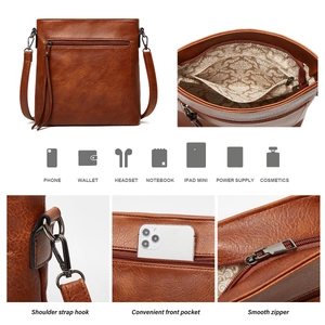 Detail view of large capacity brown retro tote bag with interior compartments and storage