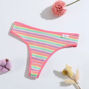 Flat lay of colorful striped ribbed thong for women with a low waist and cotton fabric