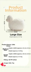 Detailed size chart for white chubby sheep plush toys in small, medium, and large sizes