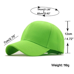 Size chart for neon green cotton baseball cap with adjustable head circumference measurements