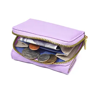 Purple quilted PU leather small zip wallet with accordion layers and gold hardware