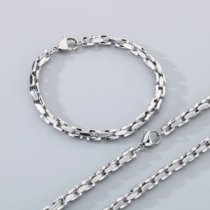 Polished silver stainless steel jewelry set featuring square box chain necklace and bracelet