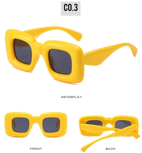 Multi-view of Y2K style bright yellow rectangular sunglasses with grey lenses