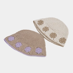 Japanese style hand-crocheted bucket hat with floral pattern and hollow-out design