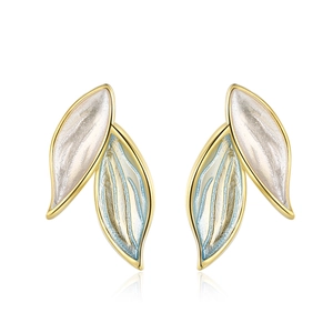 S925 Sterling Silver Post Blue Leaf Drip Enamel Stud Earrings For Women Sweet Small Fresh Gold Copper Plant Ear Jewelry