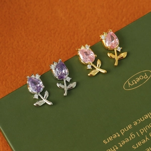 Elegant tulip stud earrings with purple and pink stones in silver and gold finish