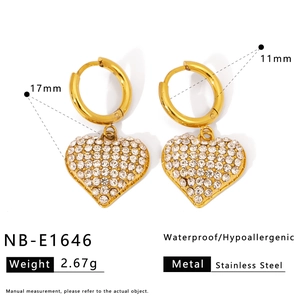 Golden stainless steel heart earrings with crystals showing 17mm pendant and 11mm hoop