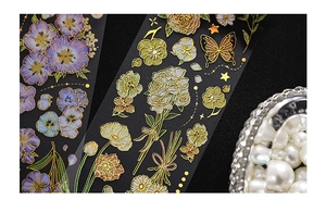 Detail of floral PET stickers with gold foil stamping and elegant pearl accents