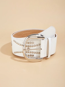 Detailed view of white wide PU leather belt with gold metal D-ring buckle and studs