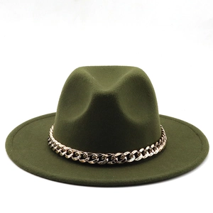 Detailed view of dark army green fedora wool hat featuring a bold gold chain band