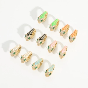 Snake head hoop earrings set in six enamel colors with sparkling cubic zirconia crystals
