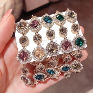 Vintage Luxury Geometric Bracelet Women Colorful Crystal Square Round Rhinestone Encrusted Shiny Alloy Jewelry