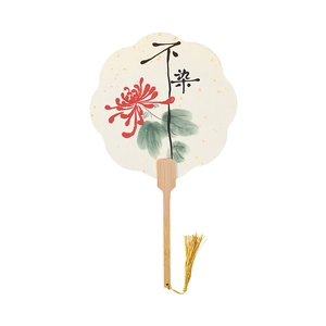 Classic Chinese hand fan with red chrysanthemum pattern, bamboo handle and gold tassel