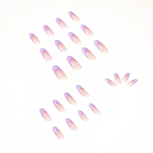 Lavender almond French tip press-on nails with double arc design on a white background