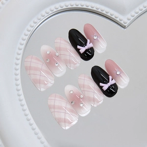 Handgefertigte rosa Schleife und Glitzer-Karo Kunstnägel im Sweet-Cool-Stil für Frauen