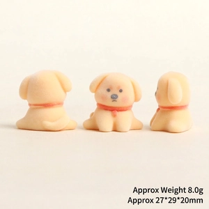 Flocked resin dog charms in yellow with red collars showing dimensions and weight detail