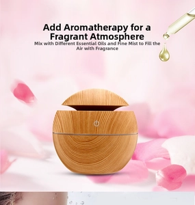 Detail showing essential oil dropper used with wood grain aromatherapy humidifier