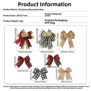Detailed dimension guide for multi-layered burlap Christmas bows in various festive patterns