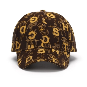 Dark brown baseball cap with golden all-over letter print and mythological motifs