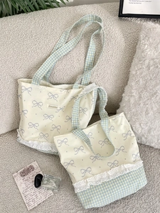 Lace-trimmed canvas tote set with blue bow prints and checkered straps in sweet style