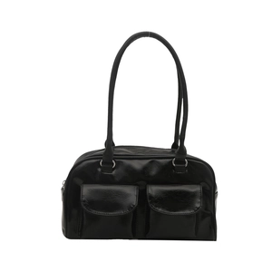 Borsa a mano classica in pelle nera con due tasche anteriori e manico superiore