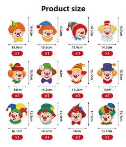 Detailed size chart showing dimensions for 12 unique cartoon clown party swirl decorations