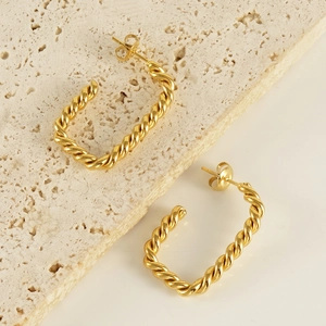 Twisted Rope Hoop Earrings 18K Gold Plated Stainless Steel Geometric C Shape Minimalist French Style Jewelry For Women