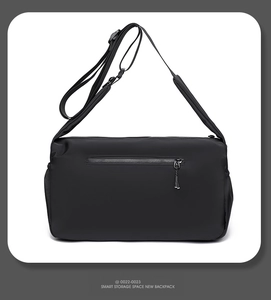Detailed close-up of a black waterproof crossbody bag with high-density fabric and metal zipper