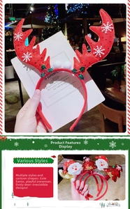 Detail of Christmas headbands featuring red reindeer antlers and sequined trees for party