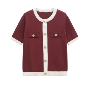 Retro burgundy short sleeve knit cardigan with white trim and gold buttons for women