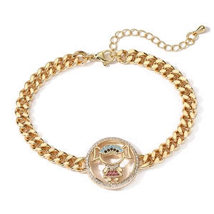 Hip hop gold plated Cuban link bracelet with zircon encrusted girl pendant and colorful enamel
