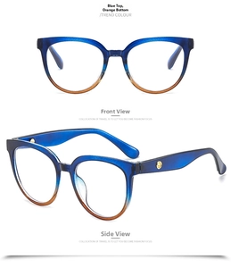 Front and side view of cat-eye glasses with blue and orange gradient frames