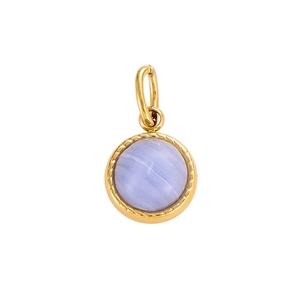 Macro detail of a round light blue gemstone pendant with a vintage gold rope edge