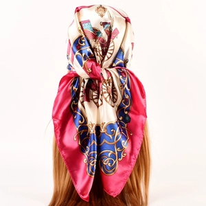 Elegant royal blue and rose red silk satin scarf with vintage horse carriage print