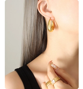Detail shot of gold-plated teardrop earrings and a zircon ring on a model