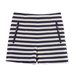 High-waisted blue and white striped casual shorts with side pockets on white background
