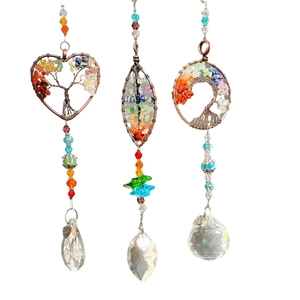 Three-piece Tree of Life suncatcher set with colorful crystal stones and prisms
