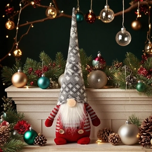 Close-up of a Christmas gnome decoration with a grey knit hat on a festive fireplace mantel