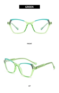 Front and 45-degree angle view of translucent green cat-eye anti-blue light glasses frames