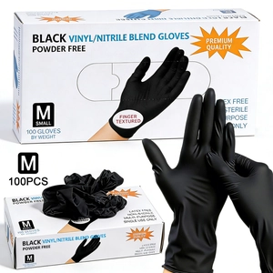 Close-up of black powder-free vinyl nitrile blend gloves showing fingertip texture and box