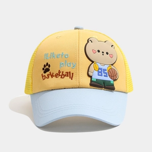 Close-up of baby baseball cap with bear patch, mesh panels and blue brim detail