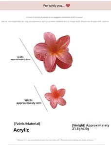 Pink gradient plumeria hair claw clip in acrylic with dimension and weight details