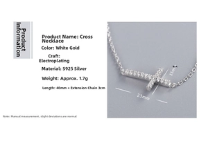 Detailed specs of S925 silver cross pendant necklace with micro-pave cubic zirconia