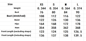 Detailed sizing chart for women's chiffon maxi dress with precise measurements in cm
