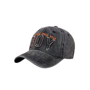 Vintage washed dark grey baseball cap with embroidered BOY patch and wide brim